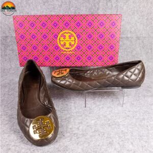 Tory Burch Quinn Ballet Flats Brown Leather Slip-On Quilted Women's Size 7.5
